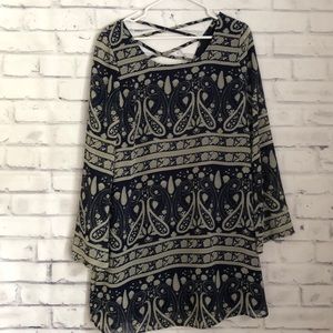 Long Sleeved Navy Blue Patterned Dress